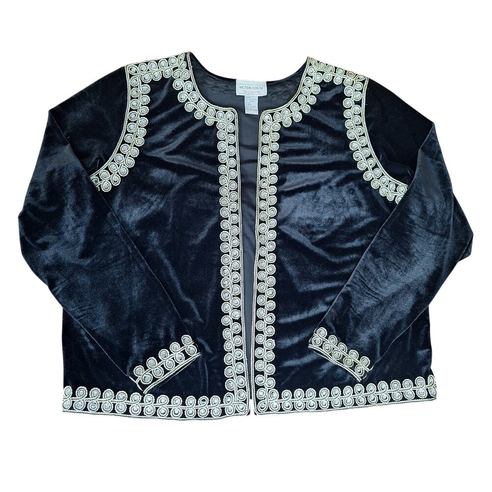 Victor Costa Occasion Black Velvet Open Front Jacket Gold Embroidered EUC - XL